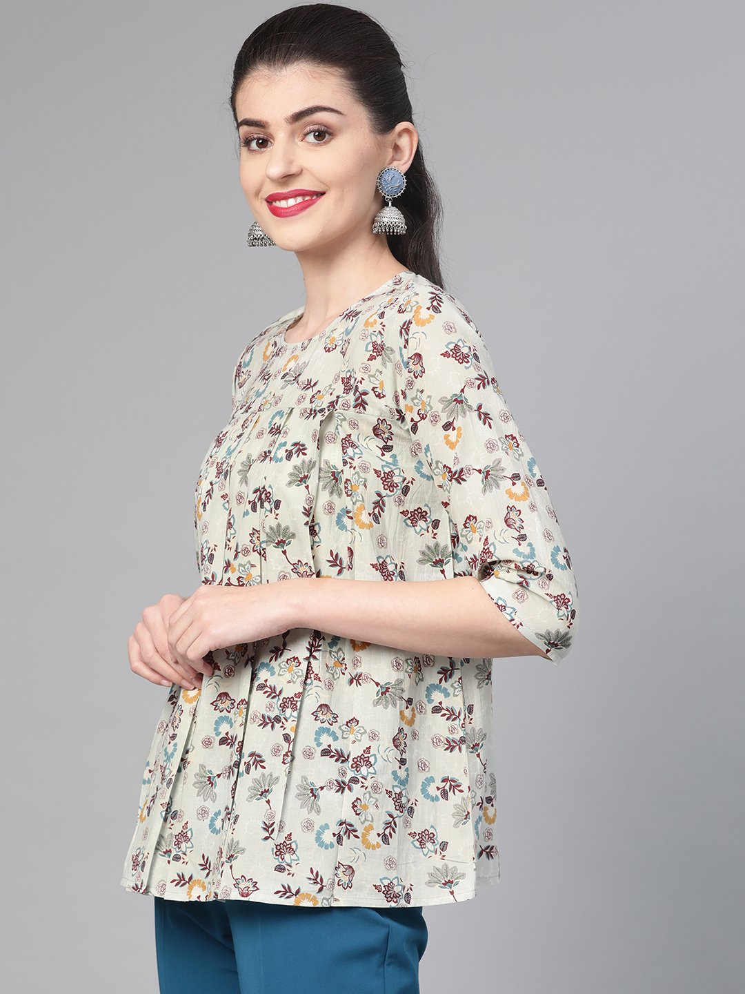 Women Green & Multi Empire Printed Top | LASVINI - Redefining Indian Fashion with Elegance