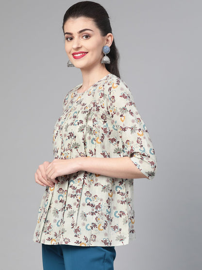 Women Green & Multi Empire Printed Top | LASVINI - Redefining Indian Fashion with Elegance