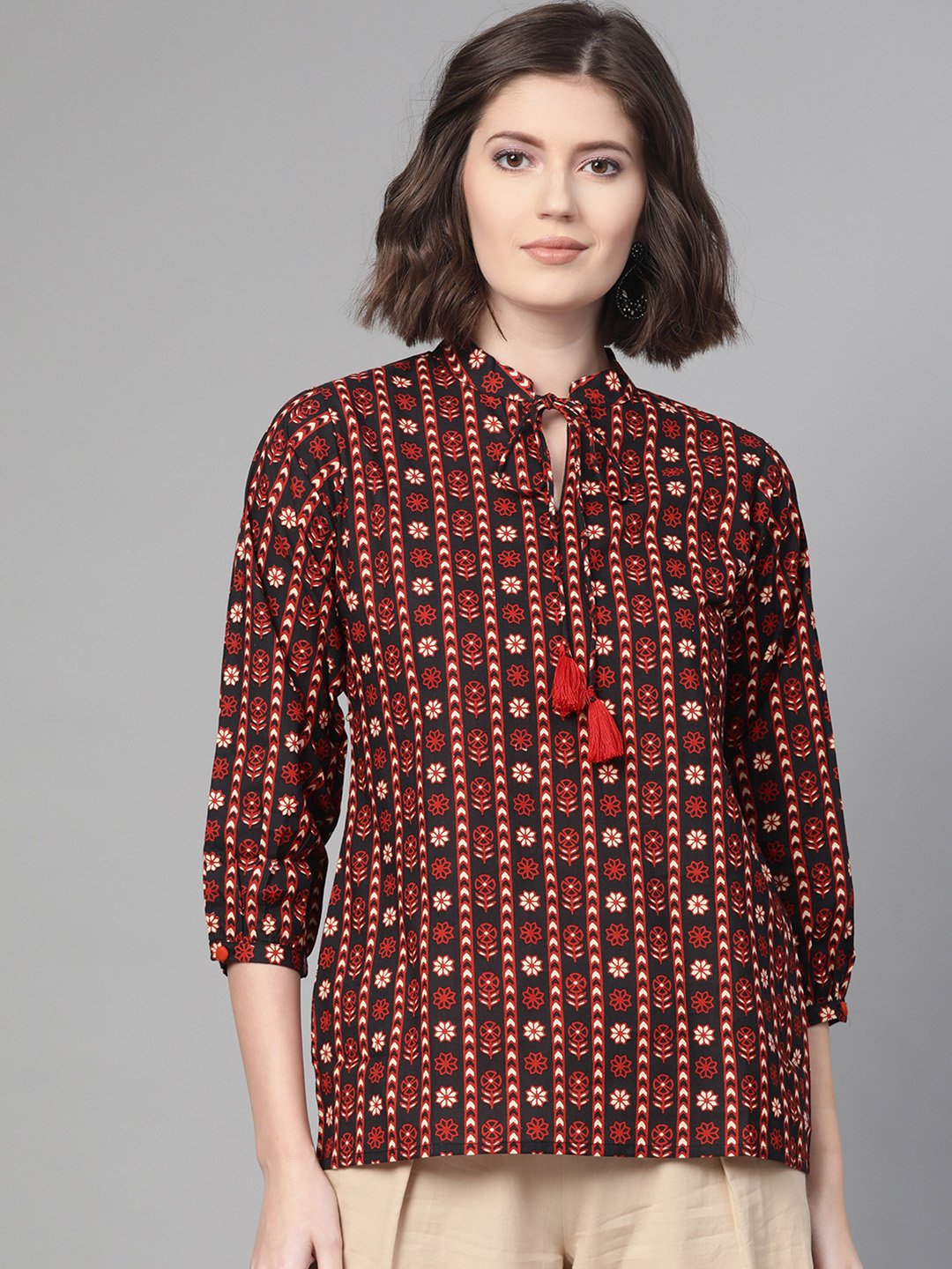 Women Black & Rust Regular Printed Top | LASVINI - Redefining Indian Fashion with Elegance