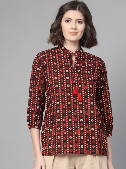 Women Black & Rust Regular Printed Top | LASVINI - Redefining Indian Fashion with Elegance