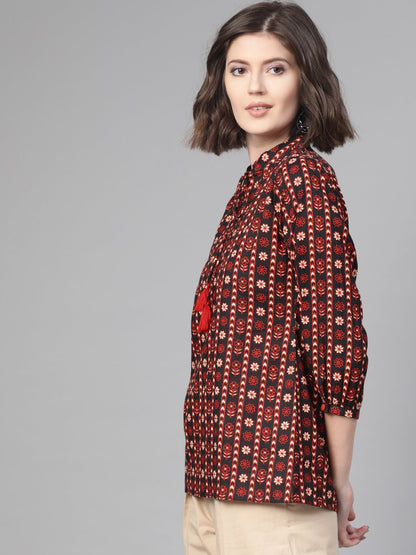 Women Black & Rust Regular Printed Top | LASVINI - Redefining Indian Fashion with Elegance