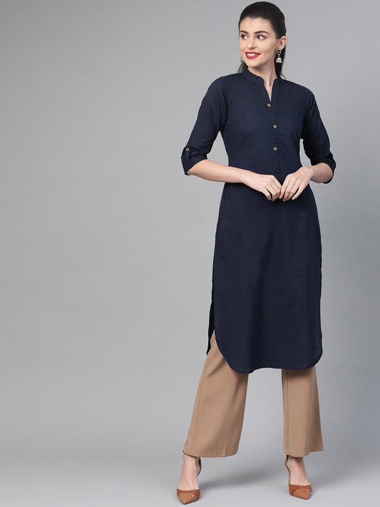 Women Navy Blue &  Cotton Straight Solid Solid Kurta | LASVINI - Redefining Indian Fashion with Elegance