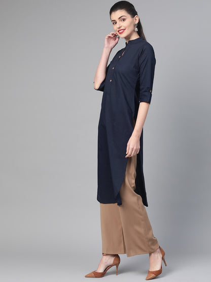 Women Navy Blue &  Cotton Straight Solid Solid Kurta | LASVINI - Redefining Indian Fashion with Elegance