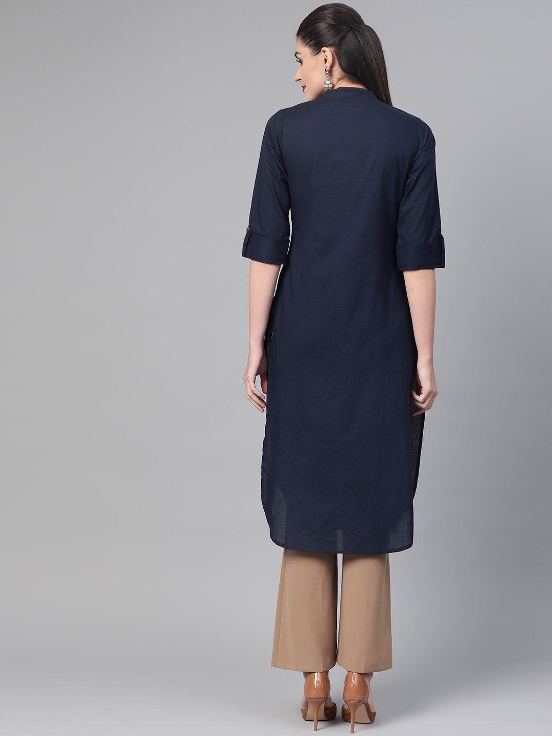 Women Navy Blue &  Cotton Straight Solid Solid Kurta | LASVINI - Redefining Indian Fashion with Elegance