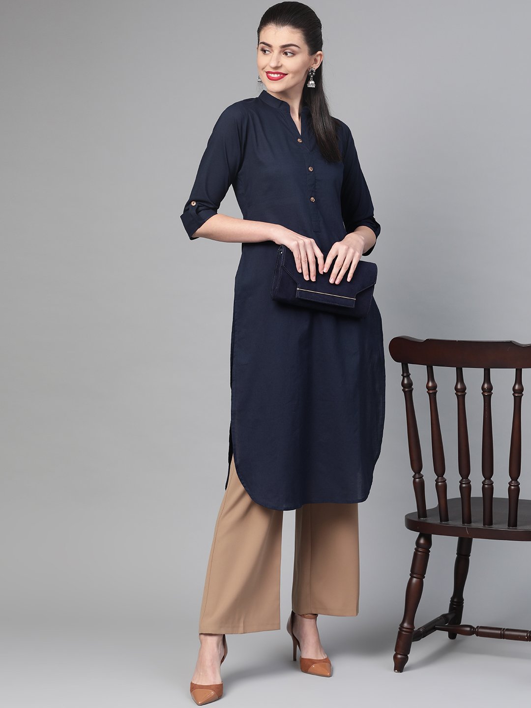 Women Navy Blue &  Cotton Straight Solid Solid Kurta | LASVINI - Redefining Indian Fashion with Elegance