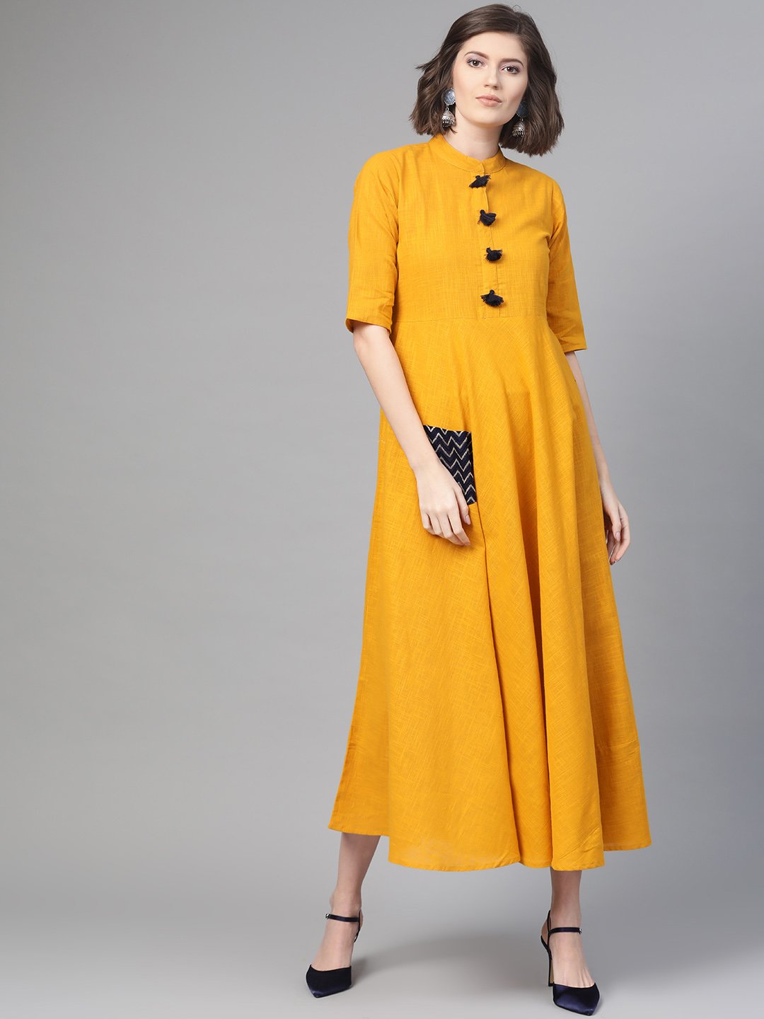 Women Mustard & Black Solid Fit And Flare Dress | LASVINI - Redefining Indian Fashion with Elegance