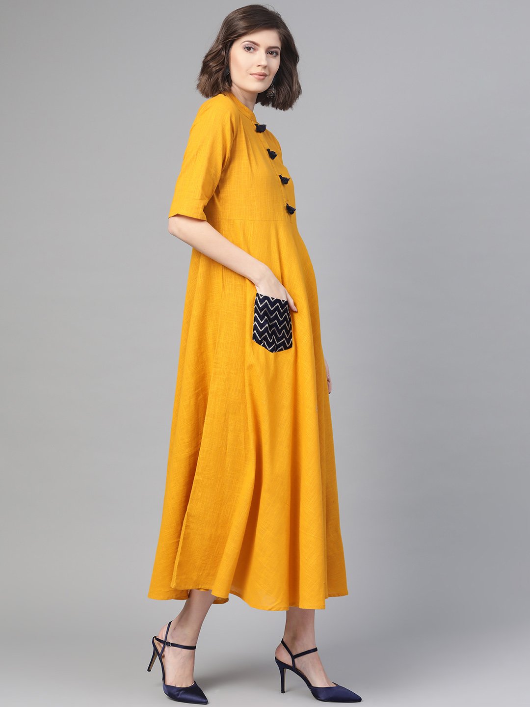 Women Mustard & Black Solid Fit And Flare Dress | LASVINI - Redefining Indian Fashion with Elegance