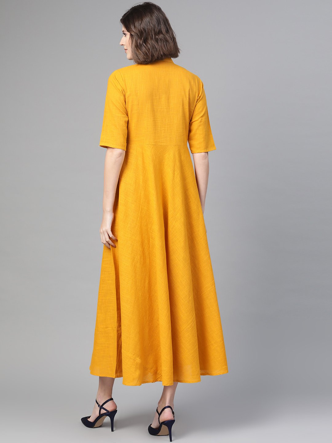 Women Mustard & Black Solid Fit And Flare Dress | LASVINI - Redefining Indian Fashion with Elegance