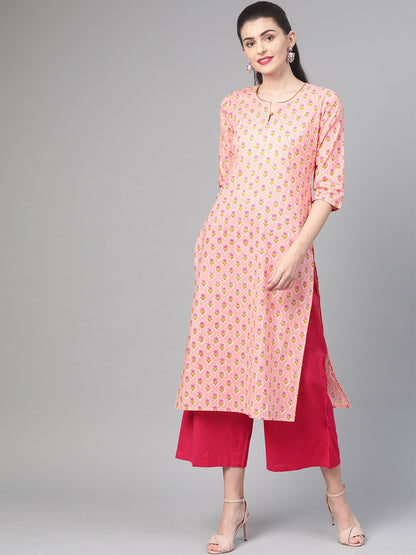 Women Peach & Yellow Cotton Straight Floral Printed Kurta | LASVINI - Redefining Indian Fashion with Elegance