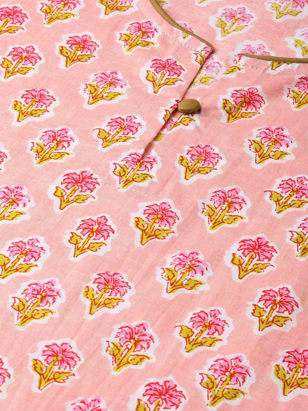 Women Peach & Yellow Cotton Straight Floral Printed Kurta | LASVINI - Redefining Indian Fashion with Elegance