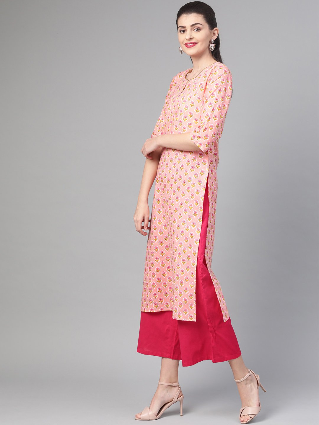 Women Peach & Yellow Cotton Straight Floral Printed Kurta | LASVINI - Redefining Indian Fashion with Elegance