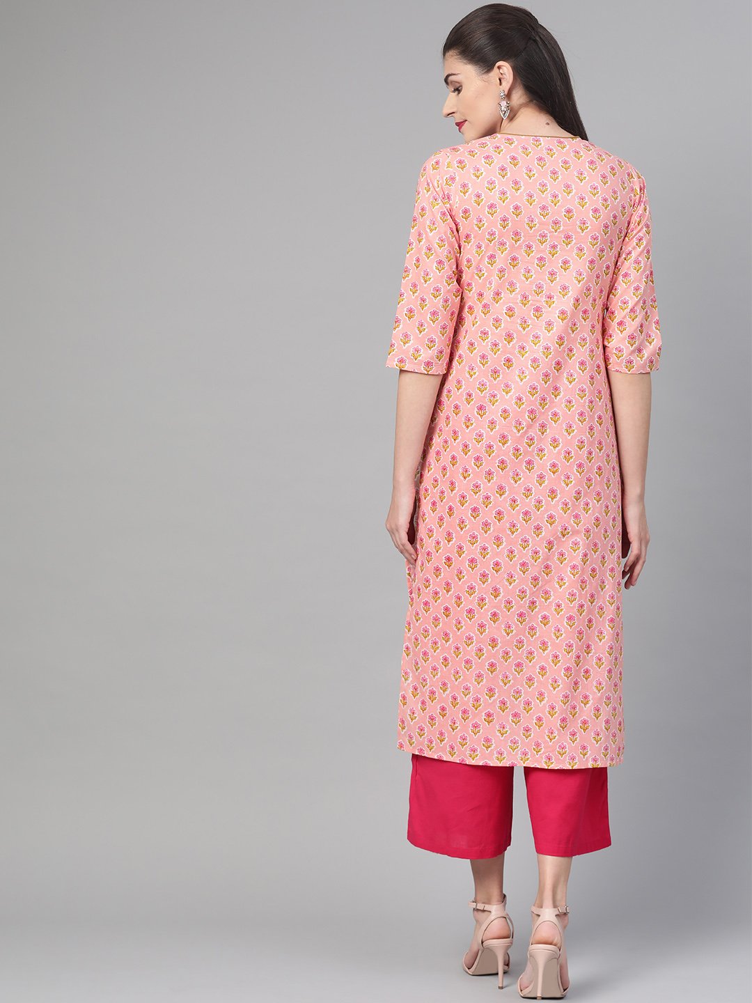 Women Peach & Yellow Cotton Straight Floral Printed Kurta | LASVINI - Redefining Indian Fashion with Elegance
