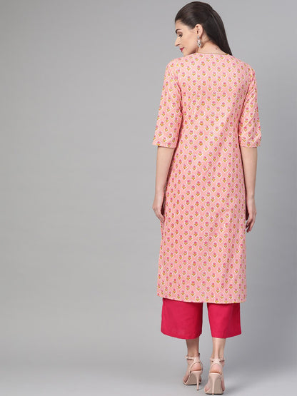 Women Peach & Yellow Cotton Straight Floral Printed Kurta | LASVINI - Redefining Indian Fashion with Elegance