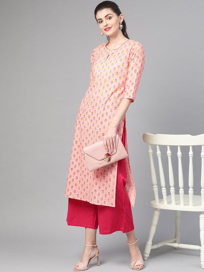 Women Peach & Yellow Cotton Straight Floral Printed Kurta | LASVINI - Redefining Indian Fashion with Elegance
