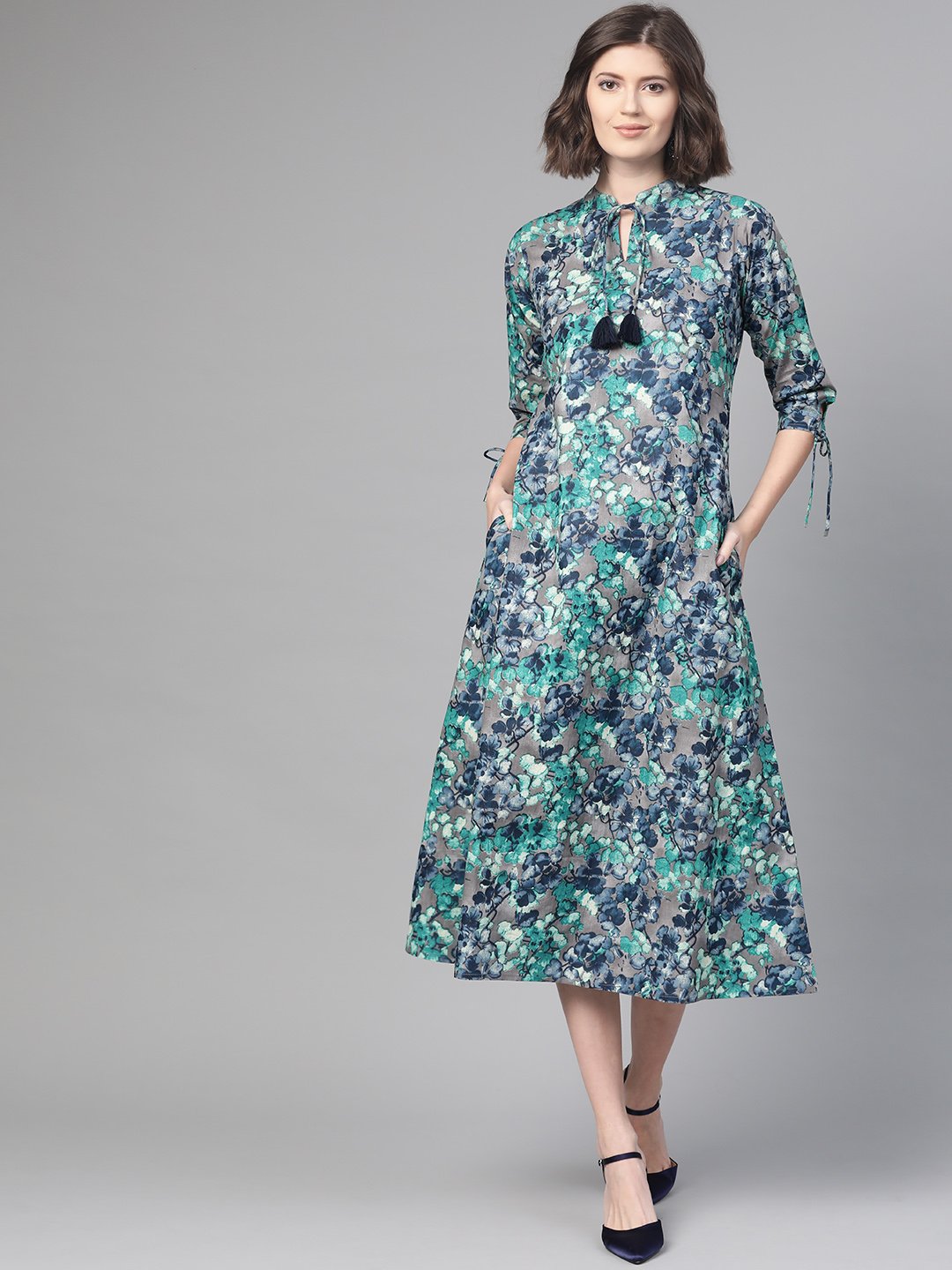 Women Grey & Navy Blue Floral Printed A-Line Dress | LASVINI - Redefining Indian Fashion with Elegance
