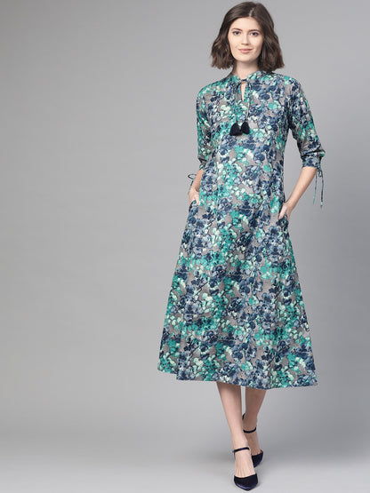 Women Grey & Navy Blue Floral Printed A-Line Dress | LASVINI - Redefining Indian Fashion with Elegance