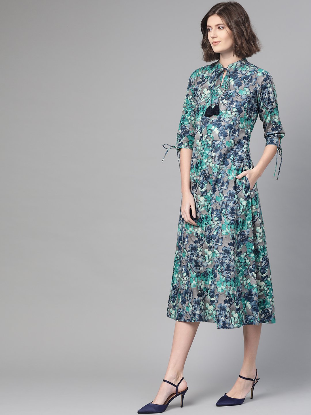 Women Grey & Navy Blue Floral Printed A-Line Dress | LASVINI - Redefining Indian Fashion with Elegance
