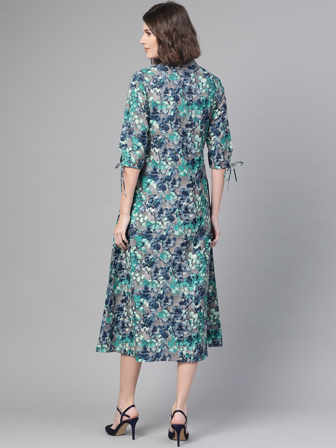 Women Grey & Navy Blue Floral Printed A-Line Dress | LASVINI - Redefining Indian Fashion with Elegance