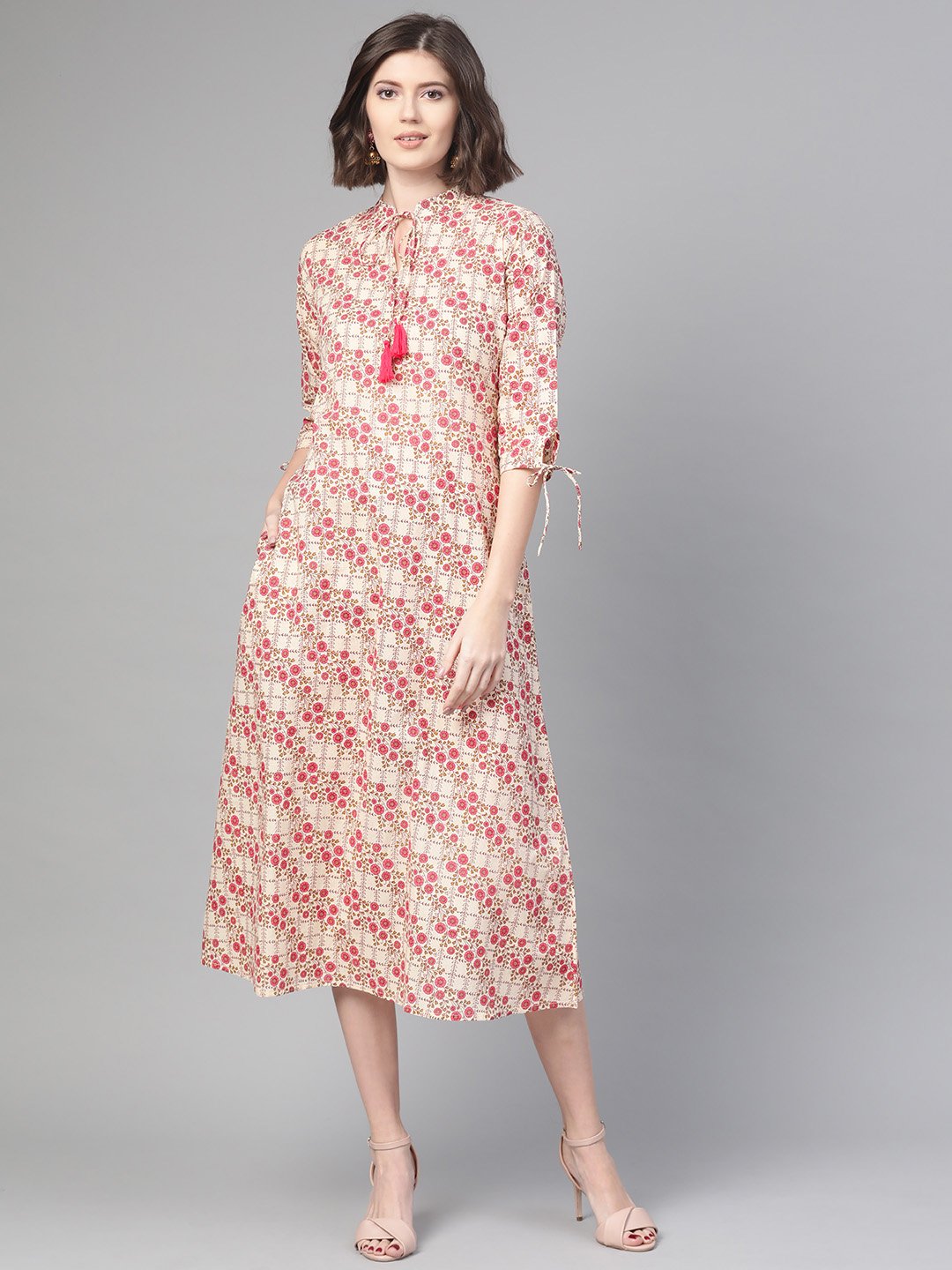 Women Off White & Pink Floral Printed A-Line Dress | LASVINI - Redefining Indian Fashion with Elegance