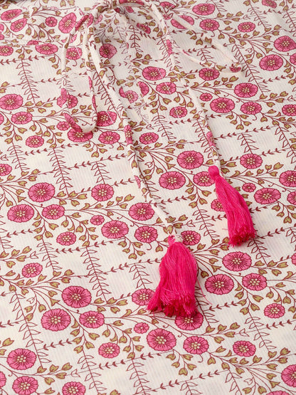 Women Off White & Pink Floral Printed A-Line Dress | LASVINI - Redefining Indian Fashion with Elegance