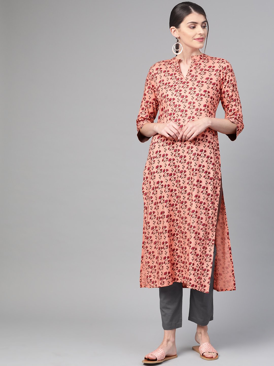 Women Peach & Burgundy Straight Floral Printed Kurta And Trousers Set | LASVINI - Redefining Indian Fashion with Elegance