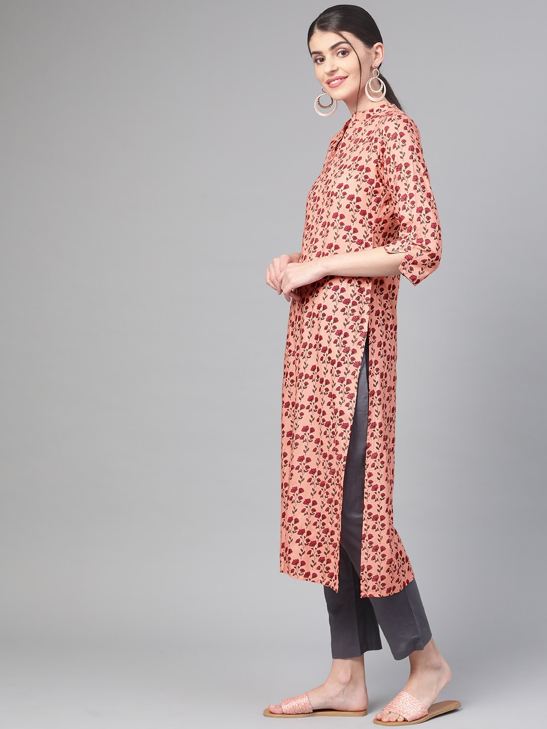 Women Peach & Burgundy Straight Floral Printed Kurta And Trousers Set | LASVINI - Redefining Indian Fashion with Elegance