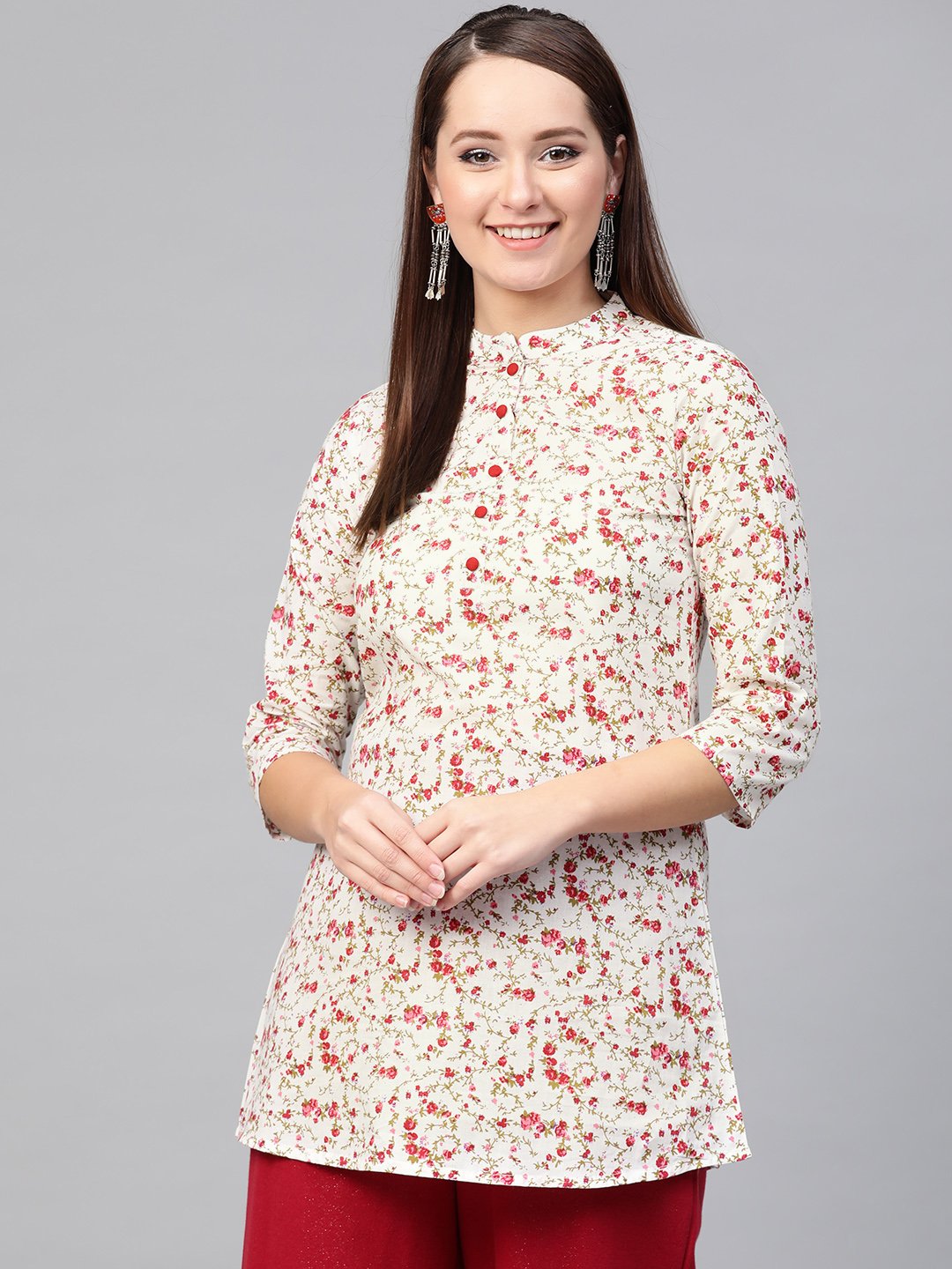 Women White & Pink Cotton Printed Mandarin Collar Tunic | LASVINI - Redefining Indian Fashion with Elegance