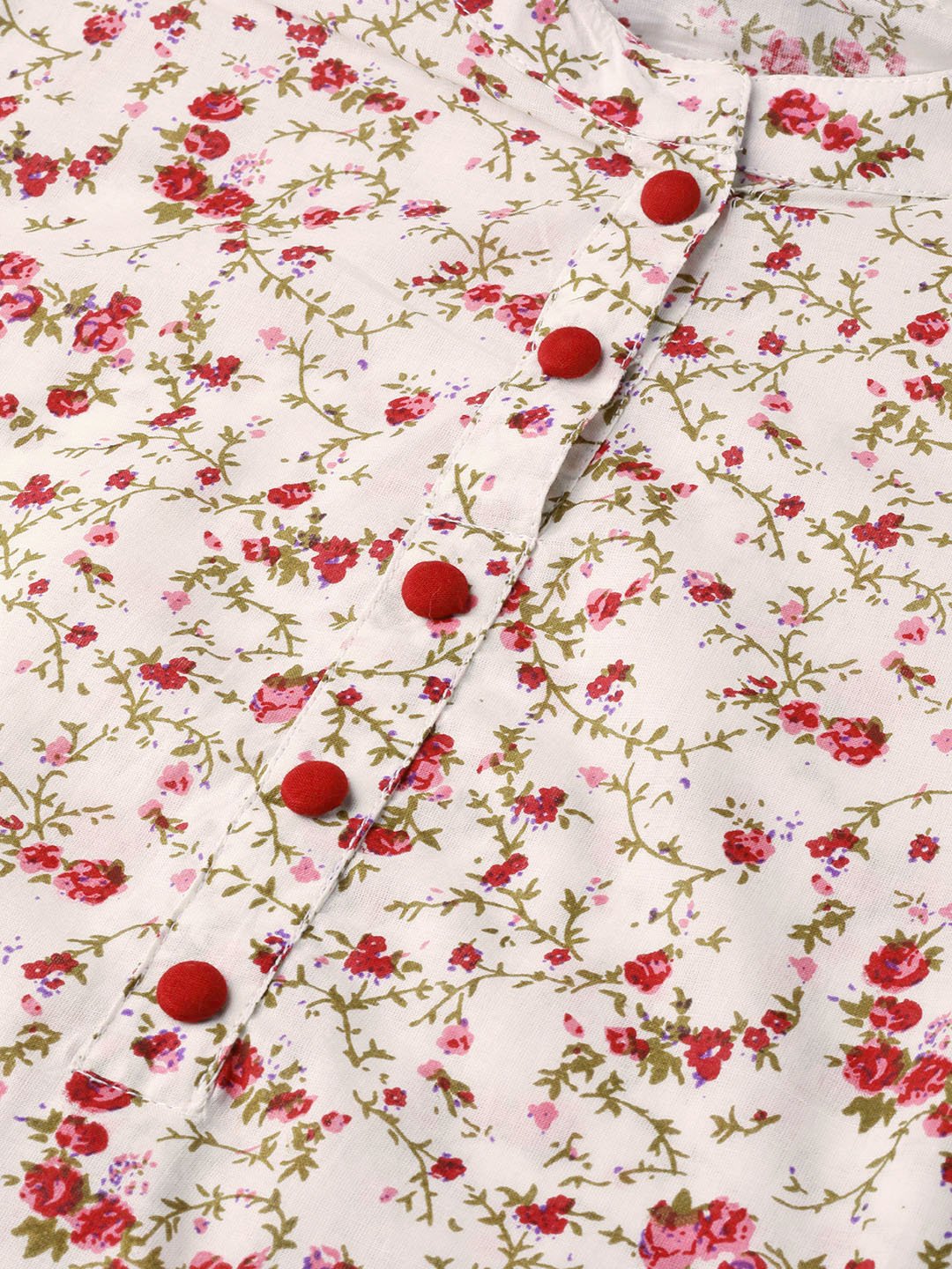 Women White & Pink Cotton Printed Mandarin Collar Tunic | LASVINI - Redefining Indian Fashion with Elegance