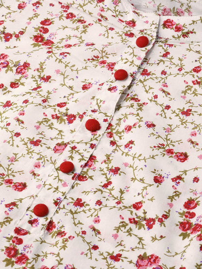 Women White & Pink Cotton Printed Mandarin Collar Tunic | LASVINI - Redefining Indian Fashion with Elegance