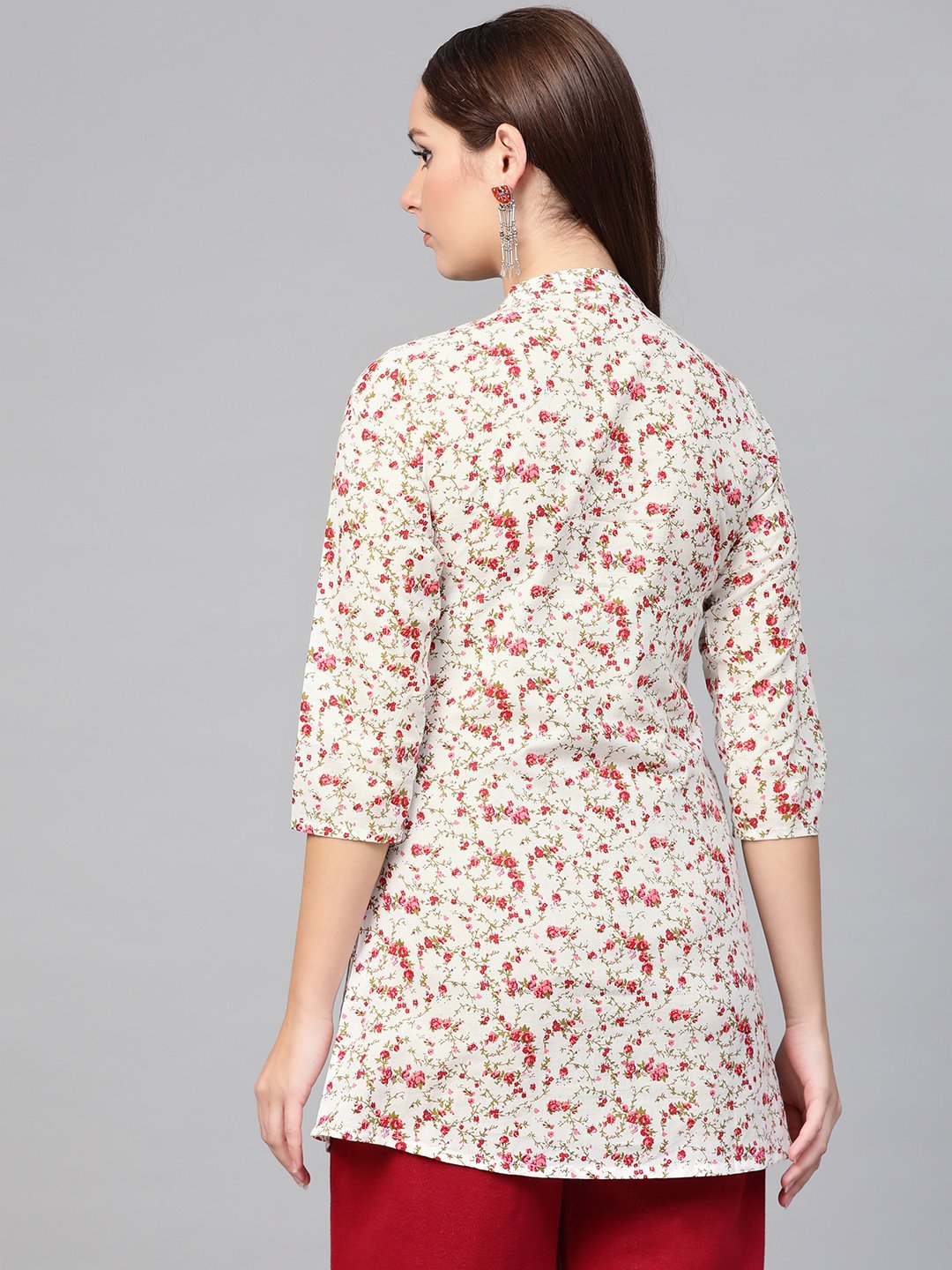 Women White & Pink Cotton Printed Mandarin Collar Tunic | LASVINI - Redefining Indian Fashion with Elegance