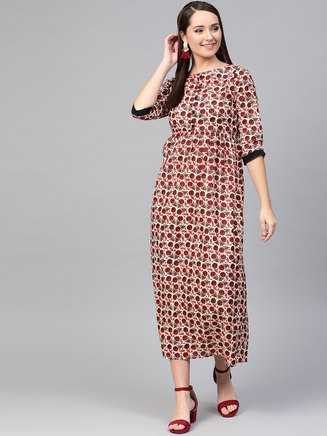 Women Cream & Brown Floral Printed Maxi Dress | LASVINI - Redefining Indian Fashion with Elegance