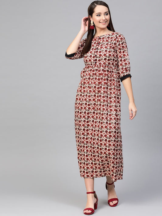 Women Cream & Brown Floral Printed Maxi Dress | LASVINI - Redefining Indian Fashion with Elegance