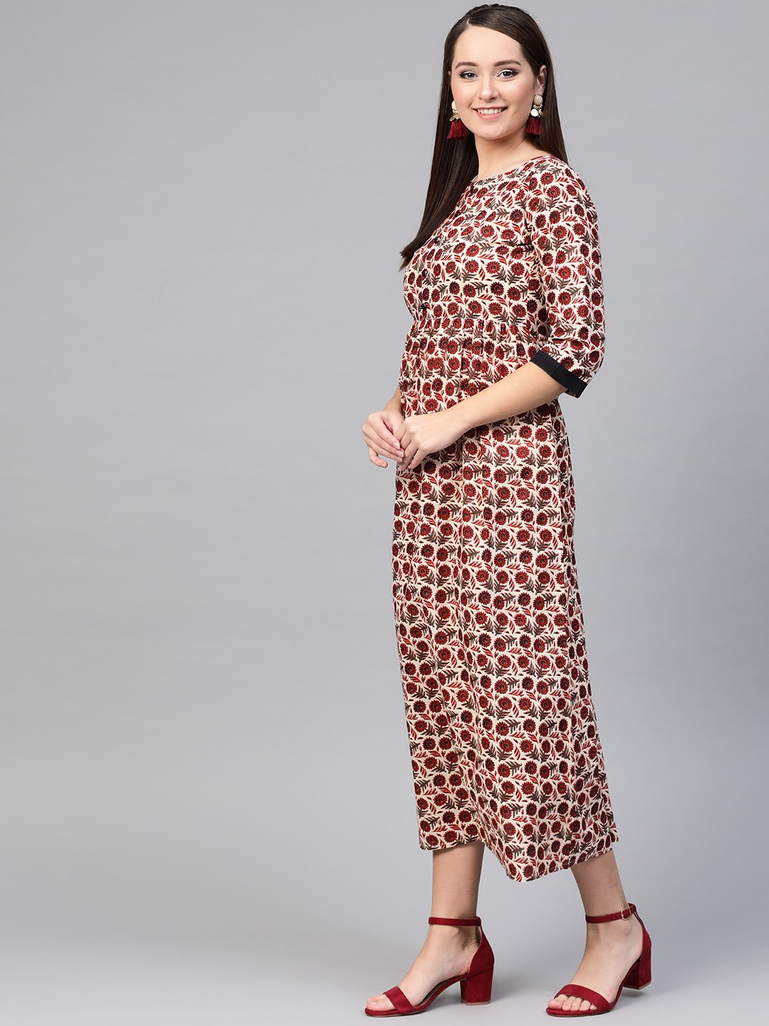 Women Cream & Brown Floral Printed Maxi Dress | LASVINI - Redefining Indian Fashion with Elegance