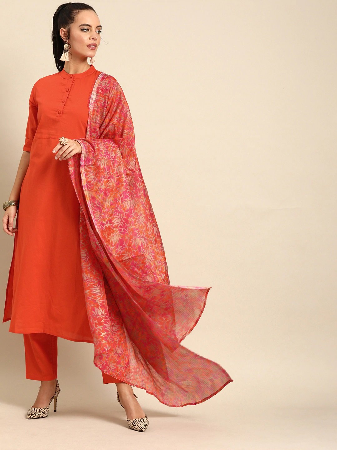 Women Orange Solid Kurta With Trousers & Dupatta | LASVINI - Redefining Indian Fashion with Elegance