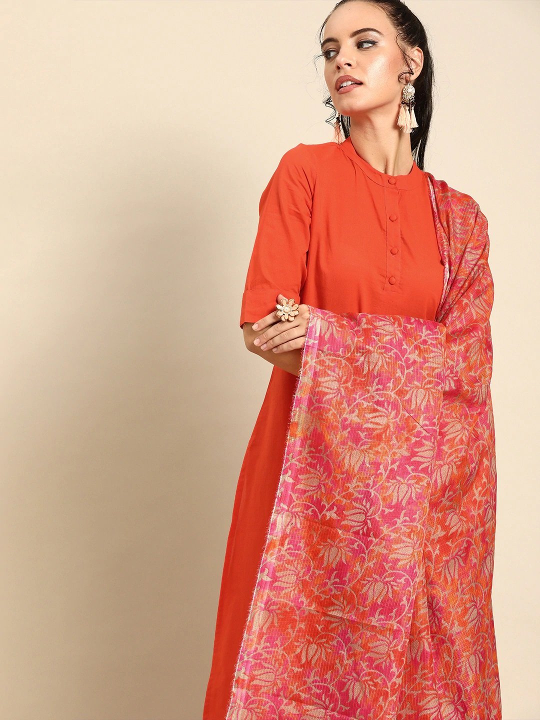 Women Orange Solid Kurta With Trousers & Dupatta | LASVINI - Redefining Indian Fashion with Elegance