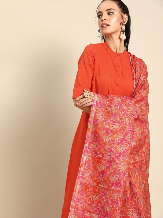 Women Orange Solid Kurta With Trousers & Dupatta | LASVINI - Redefining Indian Fashion with Elegance