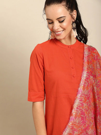 Women Orange Solid Kurta With Trousers & Dupatta | LASVINI - Redefining Indian Fashion with Elegance
