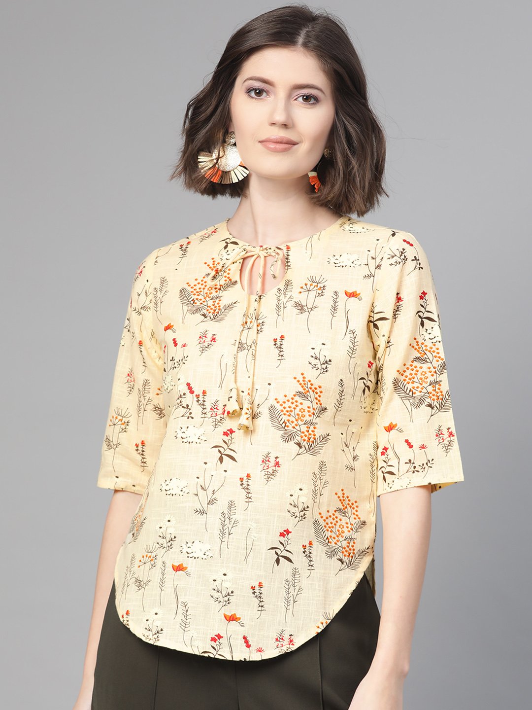 Women Cream & Green Regular Printed Top | LASVINI - Redefining Indian Fashion with Elegance