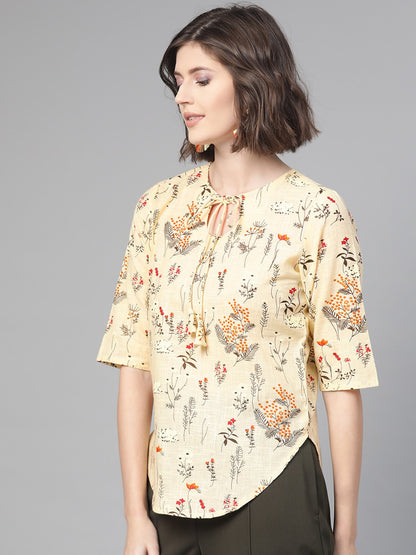 Women Cream & Green Regular Printed Top | LASVINI - Redefining Indian Fashion with Elegance