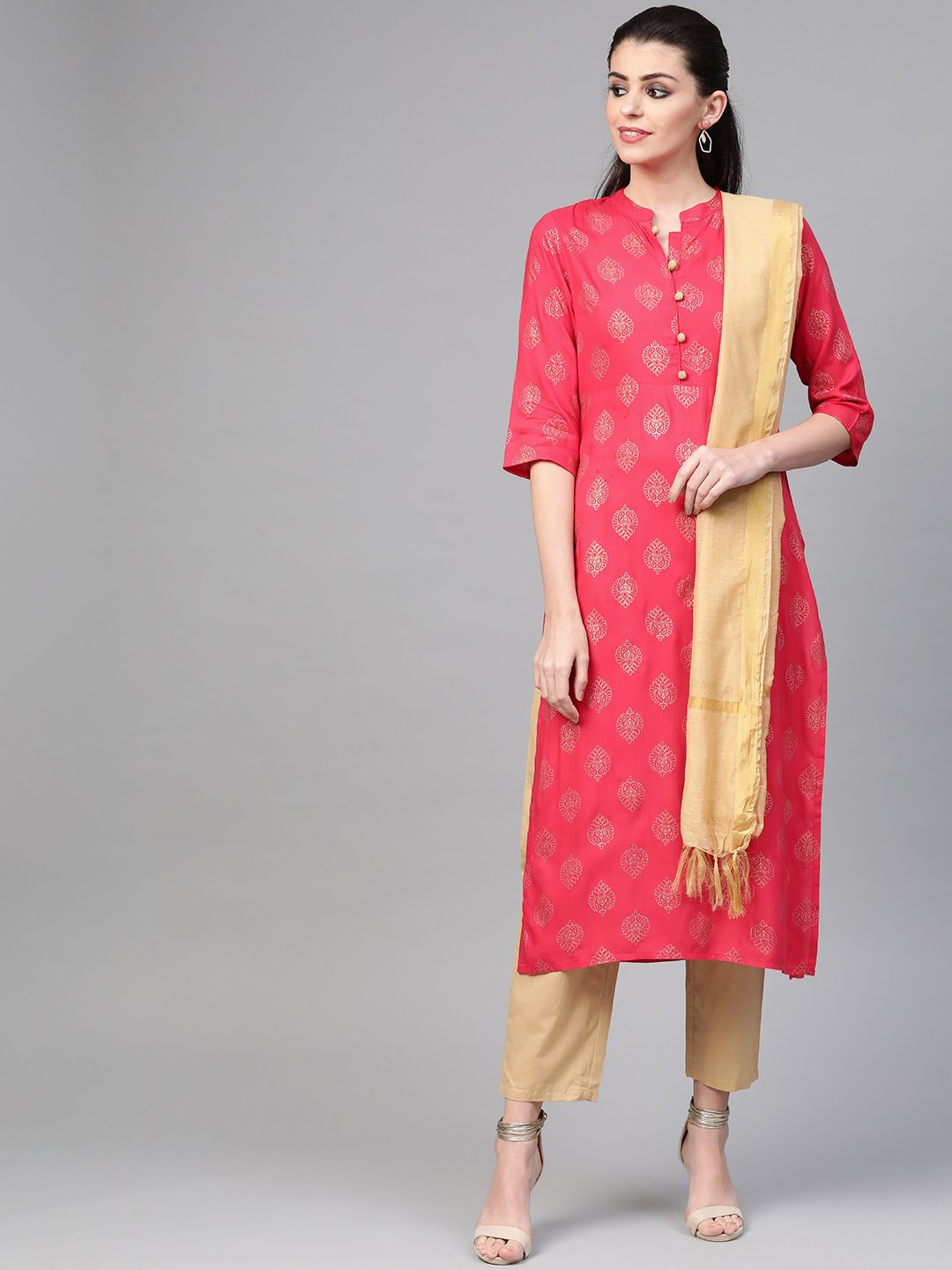 Women Pink & Gold Straight Ethnic Motifs Printed Kurta And Trousers Set | LASVINI - Redefining Indian Fashion with Elegance