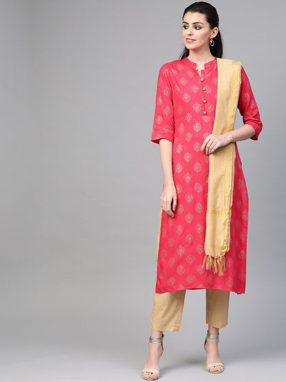 Women Pink & Gold Straight Ethnic Motifs Printed Kurta And Trousers Set | LASVINI - Redefining Indian Fashion with Elegance