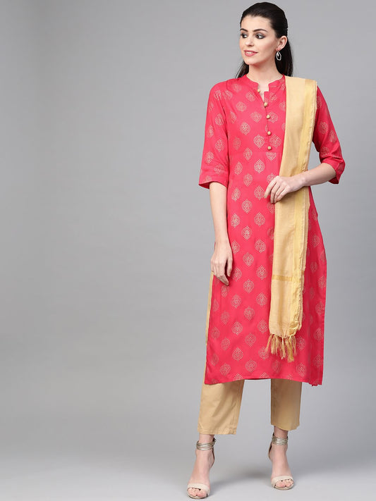 Women Pink & Gold Straight Ethnic Motifs Printed Kurta And Trousers Set | LASVINI - Redefining Indian Fashion with Elegance