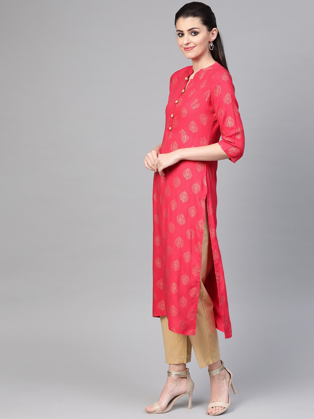 Women Pink & Gold Straight Ethnic Motifs Printed Kurta And Trousers Set | LASVINI - Redefining Indian Fashion with Elegance