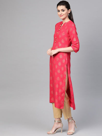 Women Pink & Gold Straight Ethnic Motifs Printed Kurta And Trousers Set | LASVINI - Redefining Indian Fashion with Elegance