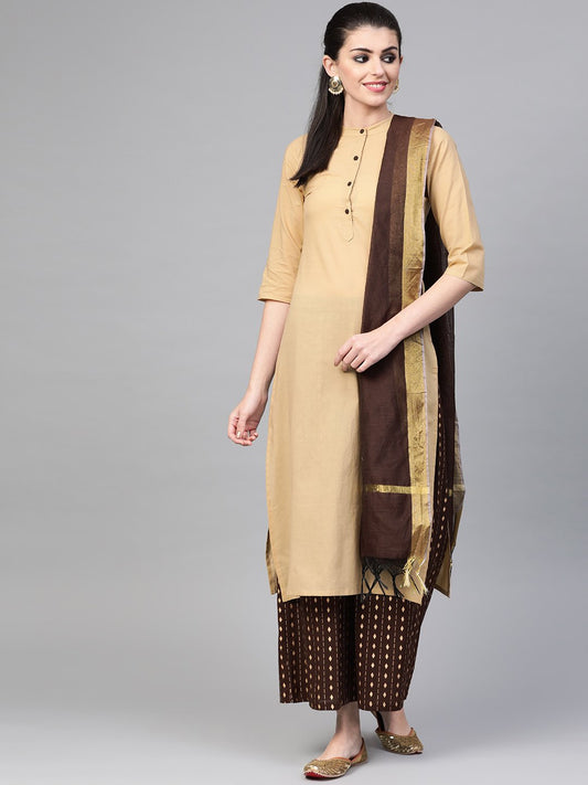 Women Beige & Brown Straight Solid Solid Kurta And Palazzos Set | LASVINI - Redefining Indian Fashion with Elegance