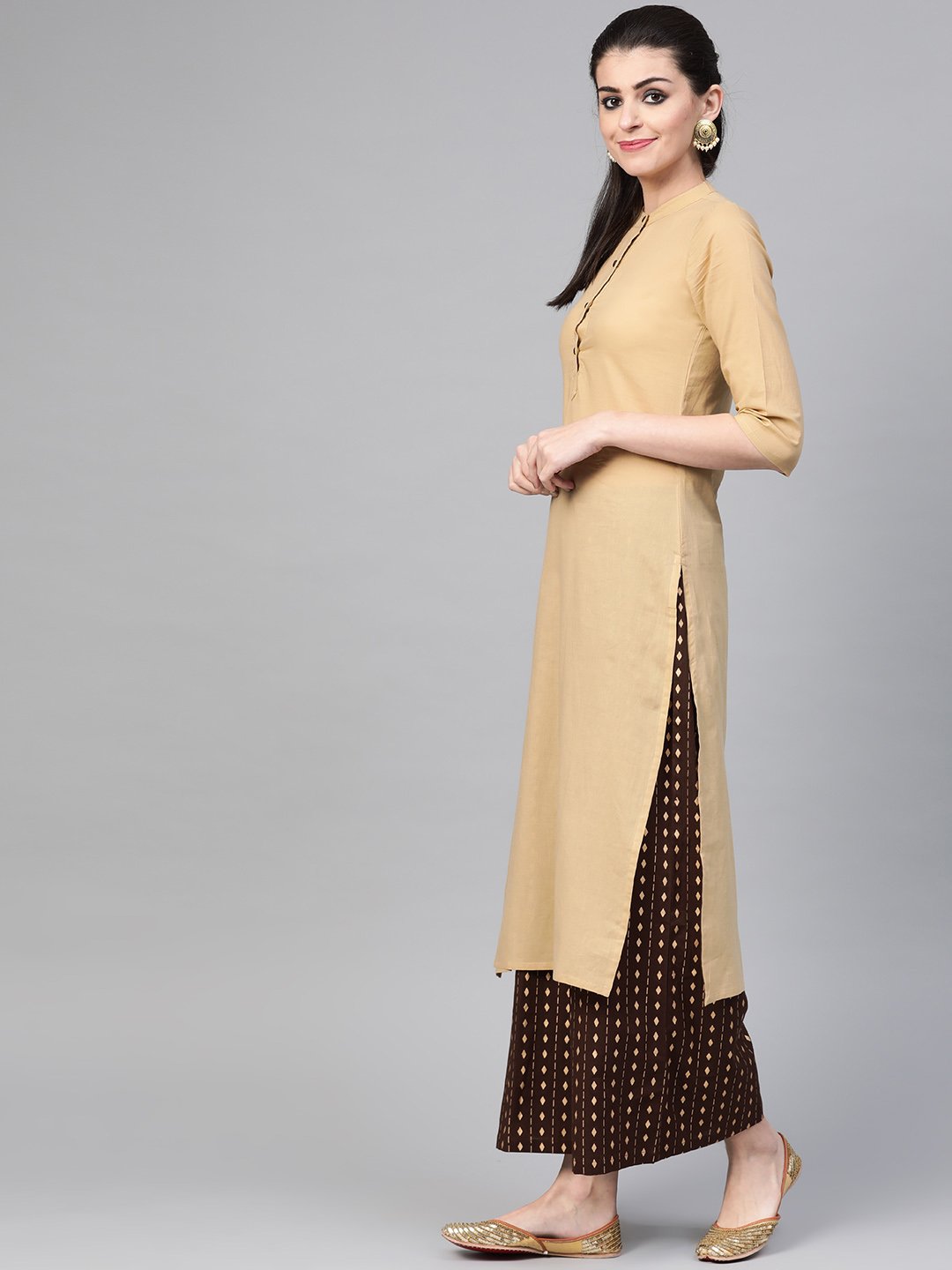 Women Beige & Brown Straight Solid Solid Kurta And Palazzos Set | LASVINI - Redefining Indian Fashion with Elegance