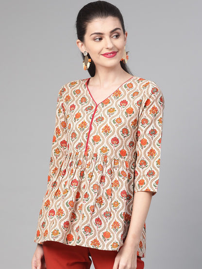 Women Cream & Orange Cotton Printed V-Neck Tunic | LASVINI - Redefining Indian Fashion with Elegance