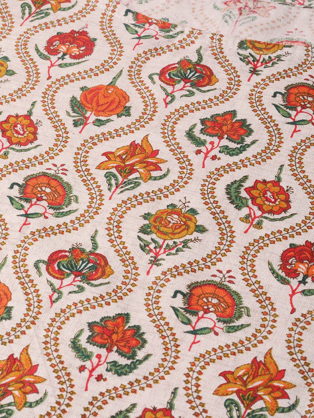 Women Cream & Orange Cotton Printed V-Neck Tunic | LASVINI - Redefining Indian Fashion with Elegance