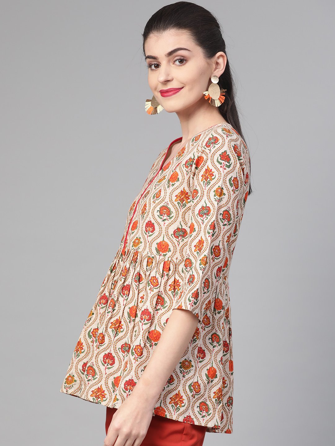 Women Cream & Orange Cotton Printed V-Neck Tunic | LASVINI - Redefining Indian Fashion with Elegance