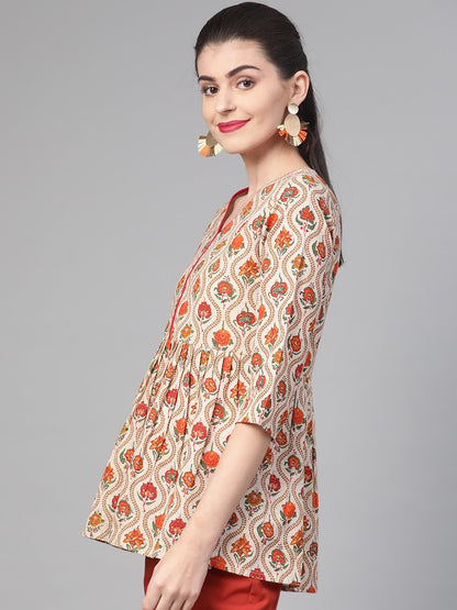 Women Cream & Orange Cotton Printed V-Neck Tunic | LASVINI - Redefining Indian Fashion with Elegance